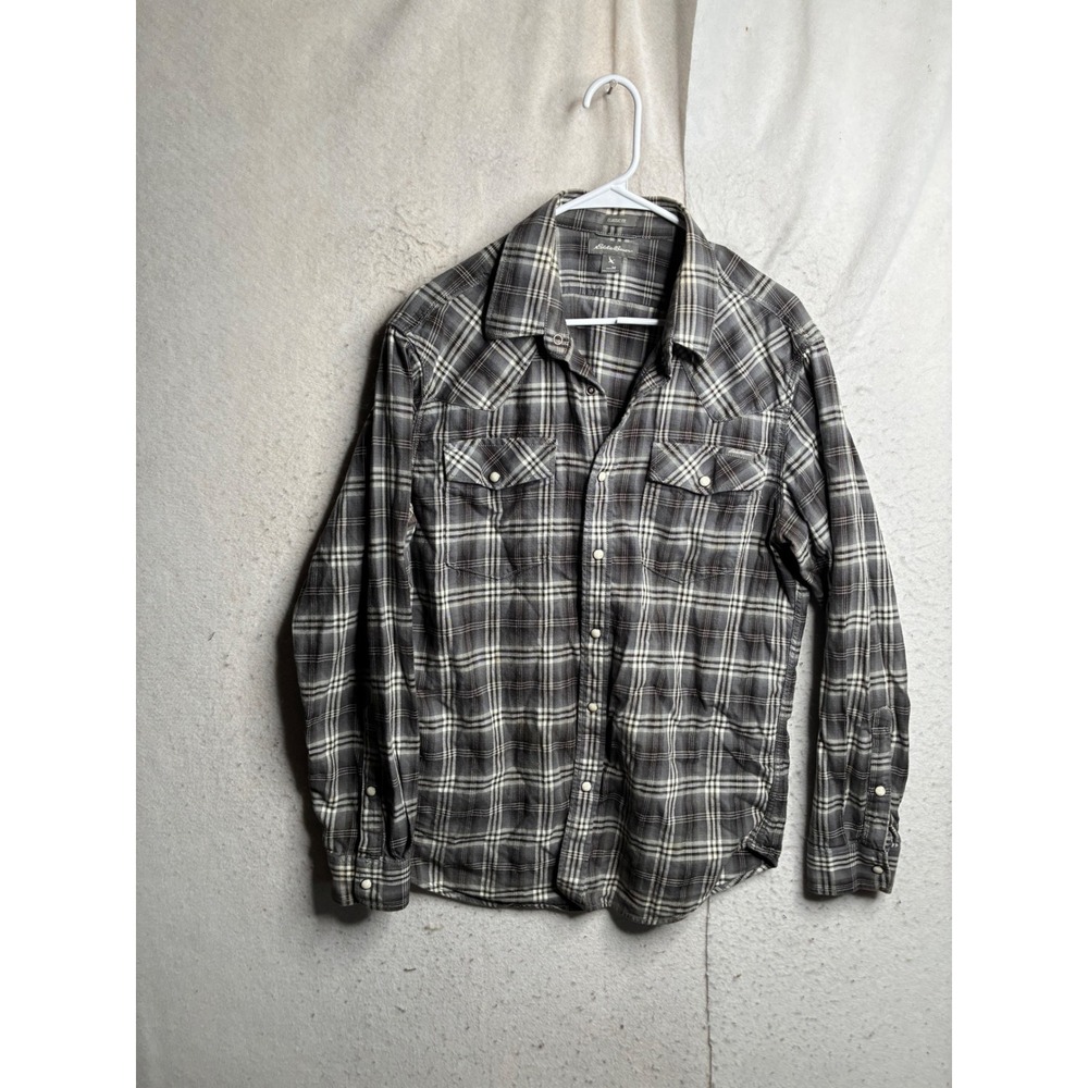 Eddie Bauer Mens Gray Plaid Pearl Snap Western Shirt Classic Fit Medium 9246